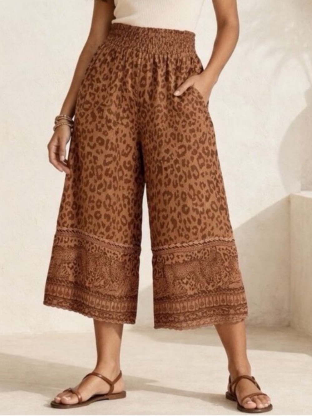 Soft Surroundings Haya Culotte Pants Women’s Size S Smocked Waist Wide Leg Crop